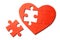 Red heart puzzle on white background. Concept second half of the heart in love for Valentine`s Day or illness