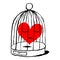 A red heart is sad in the cage for the bird. Funny and amusing greeting card for the holiday feast of Saint Valentine Day. Sketch