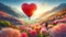 Red heart-shaped balloon, flowering valley, valentines day card, cupid, love, celebration, sunset. Festive, romantic joy