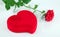 Red heart-shaped casket and rose