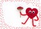 Red heart-shaped hero with small bouquet of craft red roses on white background with lots of red hearts. Valentineâ€™s Day