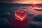 Red heart shaped ice block on frozen icy background at sunset valentine\\\'s love concept