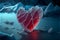 Red heart shaped ice block on frozen icy background at sunset valentine\\\'s love concept