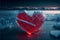 Red heart shaped ice block on frozen icy background at sunset valentine\\\'s love concept