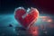 Red heart shaped ice block on frozen icy background at sunset valentine\\\'s love concept