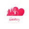 Red heart and silhouette of Barcelona city paper stickers.