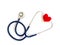 Red heart using deep blue stethoscope on the white background Isolated background. Concept of love and caring patient