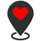 Red heart on a white background as a symbol of a point of a place or destination. Symbol of love, meeting place, location,