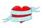 Red heart wrapped with blue ribbon banner. Colored doodle