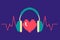 Red heartbeat with green headphones love Music on purple background.