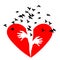 Red heartbreak. Birds fly out of a broken heart. Broken heart or divorce. Broken Heart, vector icon.