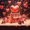 Red hearts, balloons, gifts with bows. Heart as a symbol of affection and