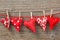 Red hearts hanging on line