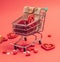 Red hearts inside the truck. Mini-cart full of red hearts and a gift bag. Greeting card for Valentine's Day, holiday