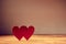 Red hearts mockup on wooden surface, copy space. Couple in love. Saint Valentines Day. Sweethearts. Amour and fondness