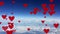 Red hearts rising up on background blue sky with white clouds animation card Seamless loop.