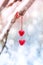 Red hearts on snowy tree branch in winter. Holidays happy valentines day celebration heart love concept