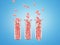 Red hearts in test tubes for valentines day 3d illustration on blue background with shadow