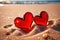 Red hearts together on the beach, showing holiday summer romance