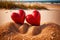 Red hearts together on the beach, showing holiday summer romance