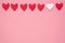 Red hearts Valentines mock up, pink background frame, border. Copy space