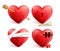 Red hearts vector 3d realistic set with arrows, key holes, puzzle and bandages