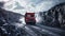 a red heavy truck laden with coal, traversing a rocky road under a dark sky, with the wide-angle lens emphasizing its