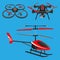 Red helicopter, dark quadrocopters with and without video camera toys