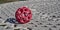 A Red hexagonal Dog Treat Ball sits on a metal Garden Table in a Garden.