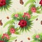 Red Hibiscus flower, green leaves and butterflies. Seamless background with nature vegetation