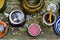 Red hibiscus flower tea and juniper berries still life