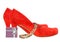 Red high heel pumps with small gift box and necklace