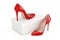 Red High Heels Wooman Shooes with Blank White Cardboard Shoebox. 3d Rendering