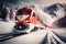 A red high-speed electric train travels along a route through snow-capped mountain peaks