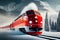 A red high-speed electric train travels along a route through snow-capped mountain peaks
