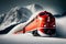 A red high-speed electric train travels along a route through snow-capped mountain peaks