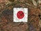 Red hiking marker symbol at a quarry stone wall in germany