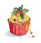 Red holiday cupcake - cup cake, christmas mistletoe. Watercolor