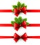 Red holiday ribbon with bow. holly and pine