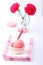 Red homemade strawberry ice cream and red carnation flower