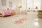 Red hopscotch floor sticker in bedroom at home