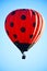 Red hot air balloon decorated as ladybird flying in clear blue sky. Traveling entertainment concept.