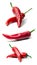 Red hot chili pepper isolated on white background. Spice for a delicious meal. A set of three images