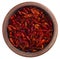 Red hot chilies pepper in pottery bowl, isolated