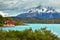 Red house on Pehoe lake in Torres del Paine