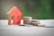 Red house and pile of coins. Natural background. Financial strategy ideas for real estate investment business. Savings for housing