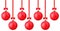 Red Ñhristmas balls with bow hanging on a red ribbon clipping p