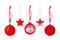 Red Ð¡hristmas tree decorations set white background isolated closeup, hanging glass balls stars New Year holiday design