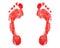 Red human footprint white background isolated closeup, bloody foot print pattern, barefoot footstep silhouette illustration, feet