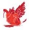 Red human heart with one wing and blood